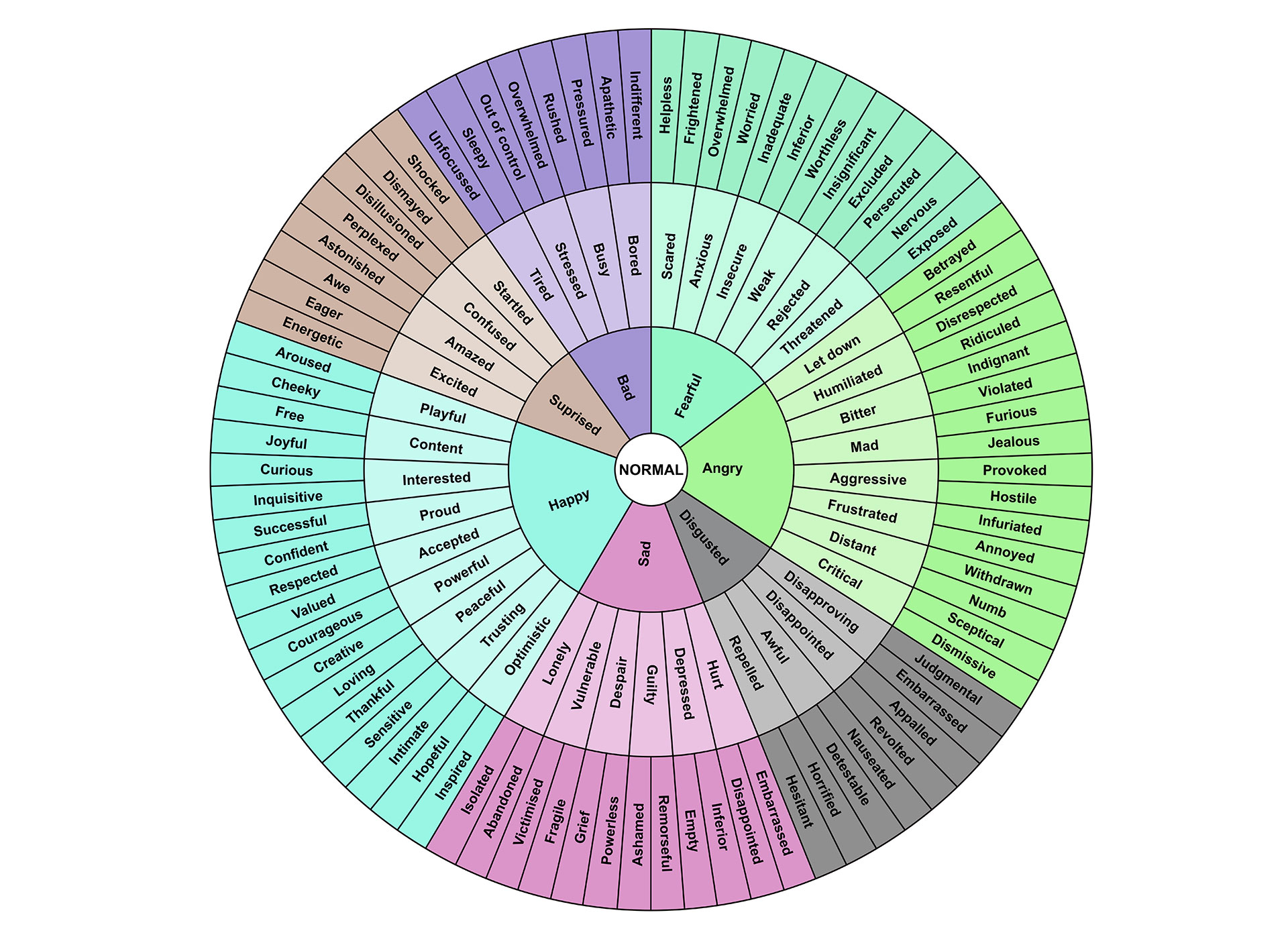 Emotion wheel showing categories of feelings radiating outward from 'Normal'. Data listed below.
