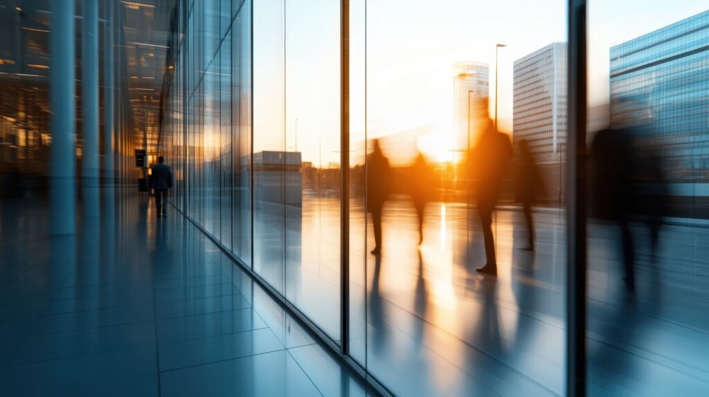 office building windows with reflections of people walking past
