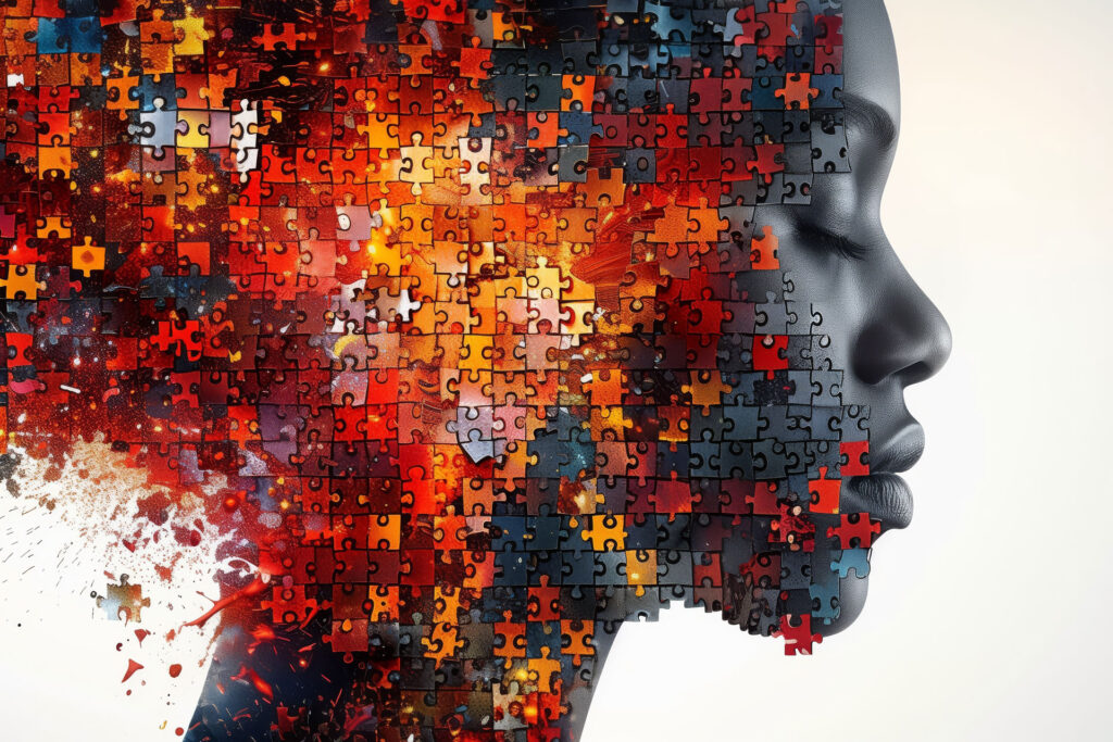 photo illustration of a young woman's profile, turning into puzzle pieces in the back