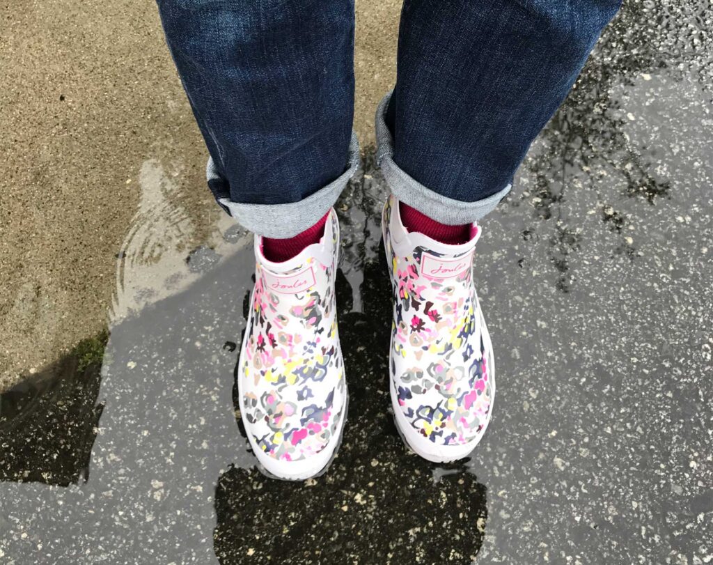 Tina's feet in a pair of Wellington boots, or 'wellies'
